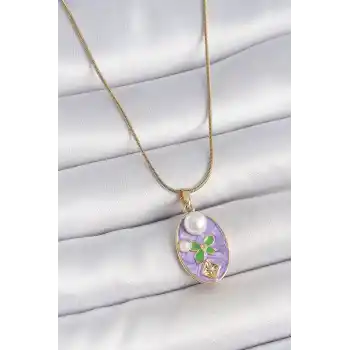 316L Çelik Gold Renk Zincir Mor Mineli Oval İncili Çiçek İşlemeli Portre Model Kadın Kolye