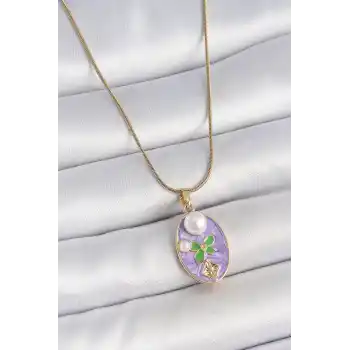 316L Çelik Gold Renk Zincir Mor Mineli Oval İncili Çiçek İşlemeli Portre Model Kadın Kolye