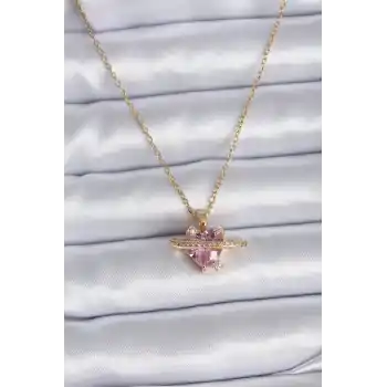 316L Çelik Gold Renk Zincir Pembe Kristal Kalp Model Zirkon Taş Detay Kadın Kolye