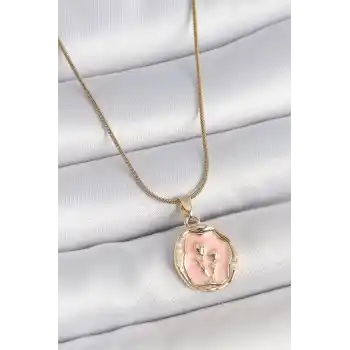 316L Çelik Gold Renk Zincir Pembe Mineli Çiçek İşlemeli Portre Model Kadın Kolye