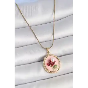 316L Çelik Gold Renk Zincir Pembe Mineli İncili Çiçek İşlemeli Portre Model Kadın Kolye