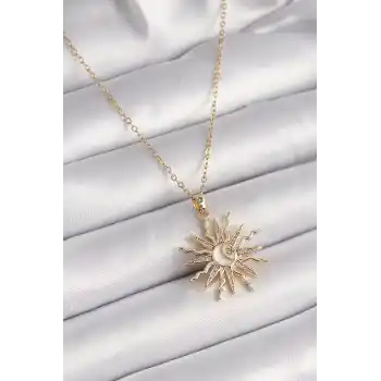 316L Çelik Gold Renk Zincir Renkli Zirkon Taşlı Sedefli Ay İşleme Detay Kadın Kolye