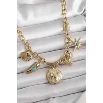 316L Çelik Gold Renk Zincir Sallantılı Çoklu Figür Model Kadın Kolye