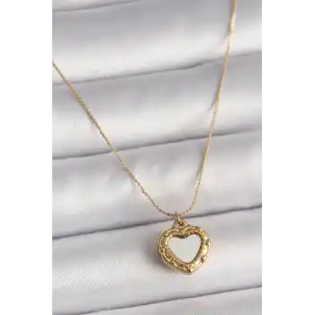 316L Çelik Gold Renk Zincir Sedefli Kalp Model Kadın Kolye