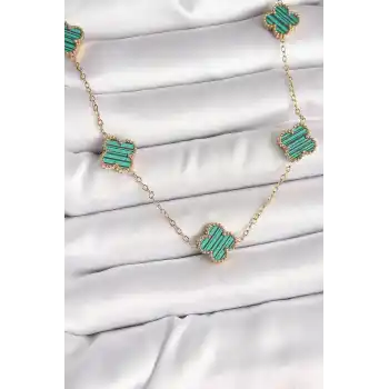 316L Çelik Gold Renk Zincir Yeşil Yonca Model Kadın Kolye