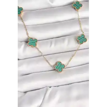 316L Çelik Gold Renk Zincir Yeşil Yonca Model Kadın Kolye