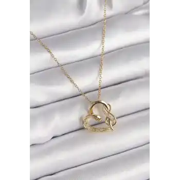 316L Çelik Gold Renk Zincir Zirkon Taş Detaylı Kalp Model Sonsuzluk Detay Kadın Kolye