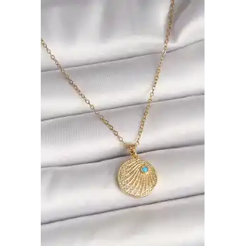 316L Çelik Gold Renk Zincir Zirkon Taş İşlemeli Mavi Taş Detaylı Madalyon Model Kadın Kolye