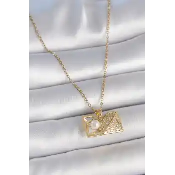 316L Çelik Gold Renk Zincir Zirkon Taşlı Açılır İncili Elmas Model Kadın Kolye