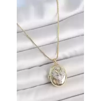 316L Çelik Gold Renk Zincir Zirkon Taşlı Anka Kuşu İşlemeli Açılır Model Kadın Kolye