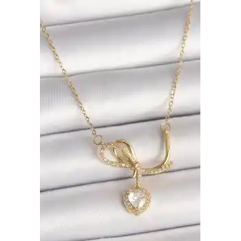 316L Çelik Gold Renk Zincir Zirkon Taşlı Düğüm Sallantı Kalp Model Kadın Kolye