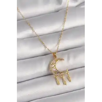 316L Çelik Gold Renk Zincir Zirkon Taşlı Hilal Model Sallantı Yaprak Detay Kadın Kolye