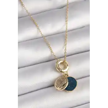 316L Çelik Gold Renk Zincir Zirkon Taşlı Kalp Model Mavi Simli Kadın Kolye