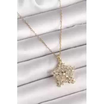 316L Çelik Gold Renk Zincir Zirkon Taşlı Kar Tanesi Model Kadın Kolye