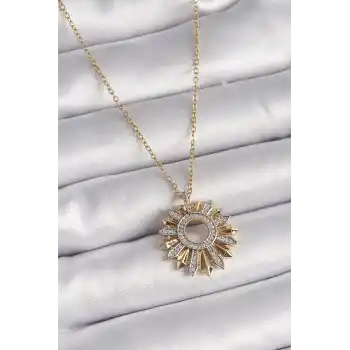 316L Çelik Gold Renk Zincir Zirkon Taşlı Mix Renk Güneş Model Kadın Kolye