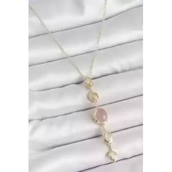 316L Çelik Gold Renk Zincir Zirkon Taşlı Pembe Mineli Y Model Dekolta Kadın Kolye