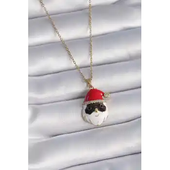 316L Çelik Gold Renk Zincir Zirkon Taşlı Yılbaşı Temalı Noel Baba Figür Kadın Kolye