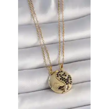 316L Çelik Gold Renk Zincir Zirkon Taşlı Ying Yang Model Gün Batımı İşlemeli Arkadaşlık Kadın Kolye