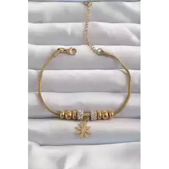 316L Çelik Gold Renk Zirkon Taş Aksesuarlı Çiçek Bileklik