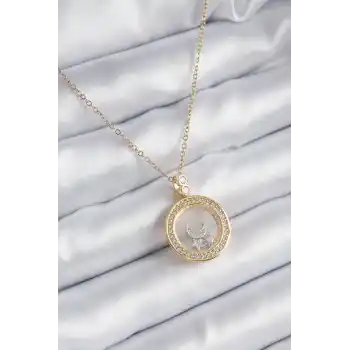 316L Çelik Gold Renk Zirkon Taş Detay Ay Yıldız Fanus Model Kadın Kolye