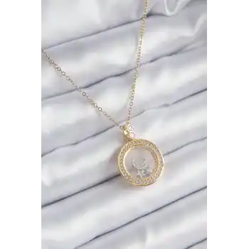 316L Çelik Gold Renk Zirkon Taş Detay Ay Yıldız Fanus Model Kadın Kolye