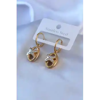 316L Çelik Gold Renk Zirkon Taş Detay Kadın Küpe