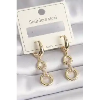 316L Çelik Gold Renk Zirkon Taş Detaylı Sallantı Model Kadın Küpe