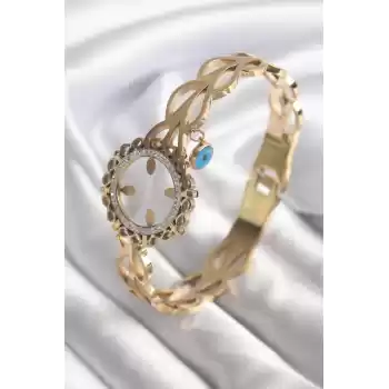 316L Çelik Gold Renk Zirkon Taş Sonsuzluk Detay Çeyrek Altın Takılabilir Kadın Kelepçe