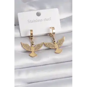 316L Çelik Gold Renk Zirkon Taşlı Anka Kuşu Model Kadın Küpe