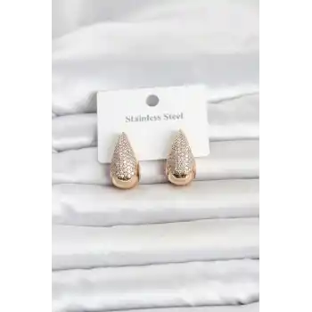 316L Çelik Gold Renk Zirkon Taşlı Damla Model Kadın Küpe