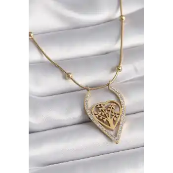 316L Çelik Gold Renk Zirkon Taşlı Detaylı Kalp Fidan Model Kadın Kolye