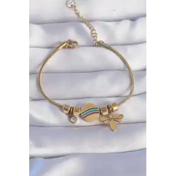 316L Çelik Gold Renk Zirkon Taşlı Gökkuşağı Tasarımlı Yusufçuk Bileklik