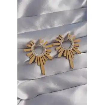 316L Çelik Gold Renk Zirkon Taşlı Güneş Figürlü Küpe