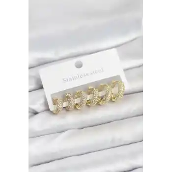 316L Çelik Gold Renk Zirkon Taşlı Halka Küpe Seti