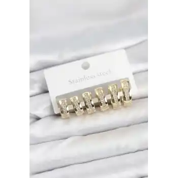 316L Çelik Gold Renk Zirkon Taşlı Halka Küpe Seti