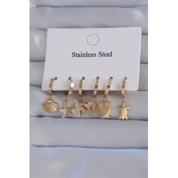 316L Çelik Gold Renk Zirkon Taşlı Hayvan Figürlü Deniz Yıldızı Model Halka Küpe Seti