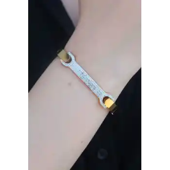 316L Çelik Gold Renk Zirkon Taşlı Kadın Kelepçe