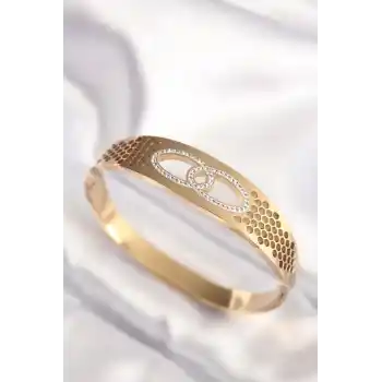 316L Çelik Gold Renk Zirkon Taşlı Kadın Kelepçe Bilezik