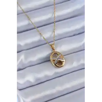 316L Çelik Gold Renk Zirkon Taşlı Kadın Kolye