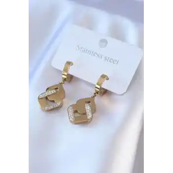 316L Çelik Gold Renk Zirkon Taşlı Kadın Küpe