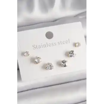316L Çelik Gold Renk Zirkon Taşlı Kalp Model Kadın Küpe Seti