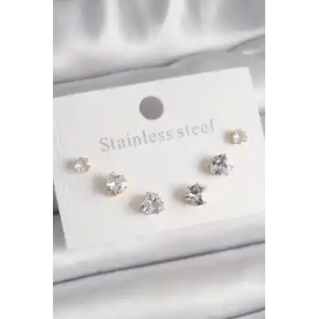 316L Çelik Gold Renk Zirkon Taşlı Kalp Model Kadın Küpe Seti