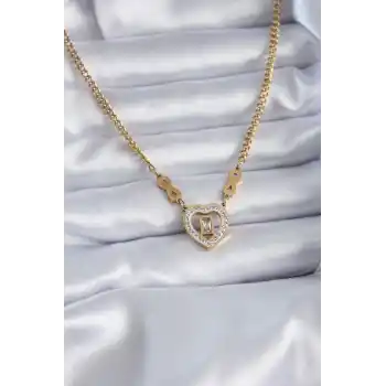 316L Çelik Gold Renk Zirkon Taşlı Kalp Model Sonsuzluk Detay Kadın Kolye