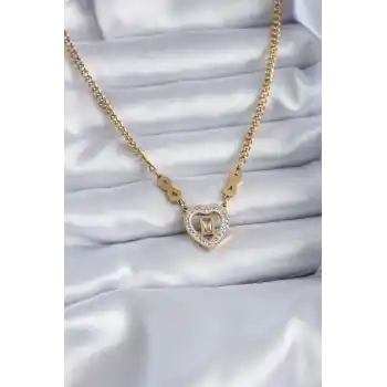 316L Çelik Gold Renk Zirkon Taşlı Kalp Model Sonsuzluk Detay Kadın Kolye