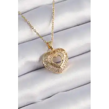 316L Çelik Gold Renk Zirkon Taşlı Kalp Model Vintage Kadın Kolye