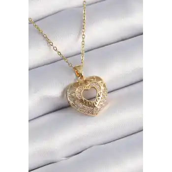 316L Çelik Gold Renk Zirkon Taşlı Kalp Model Vintage Kadın Kolye