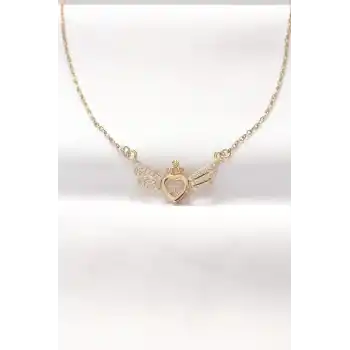 316L Çelik Gold Renk Zirkon Taşlı Kalpli Kanat Kolye