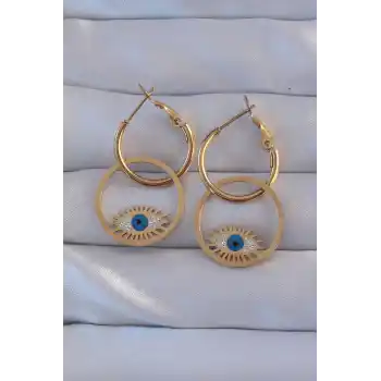316L Çelik Gold Renk Zirkon Taşlı Mavi Göz Tasarımlı Halka Küpe