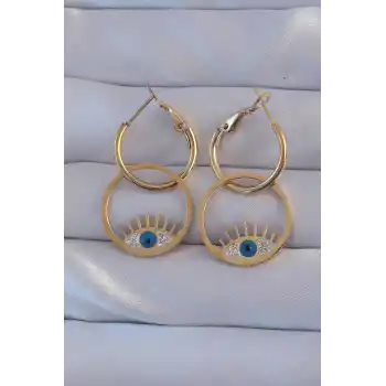 316L Çelik Gold Renk Zirkon Taşlı Mavi Göz Tasarımlı Halka Küpe