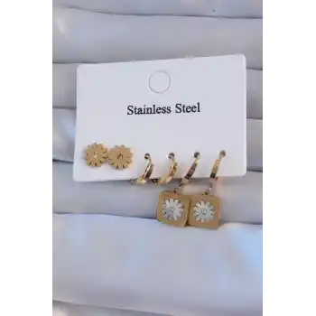 316L Çelik Gold Renk Zirkon Taşlı Sedefli Papatya Model Halka Küpe Seti